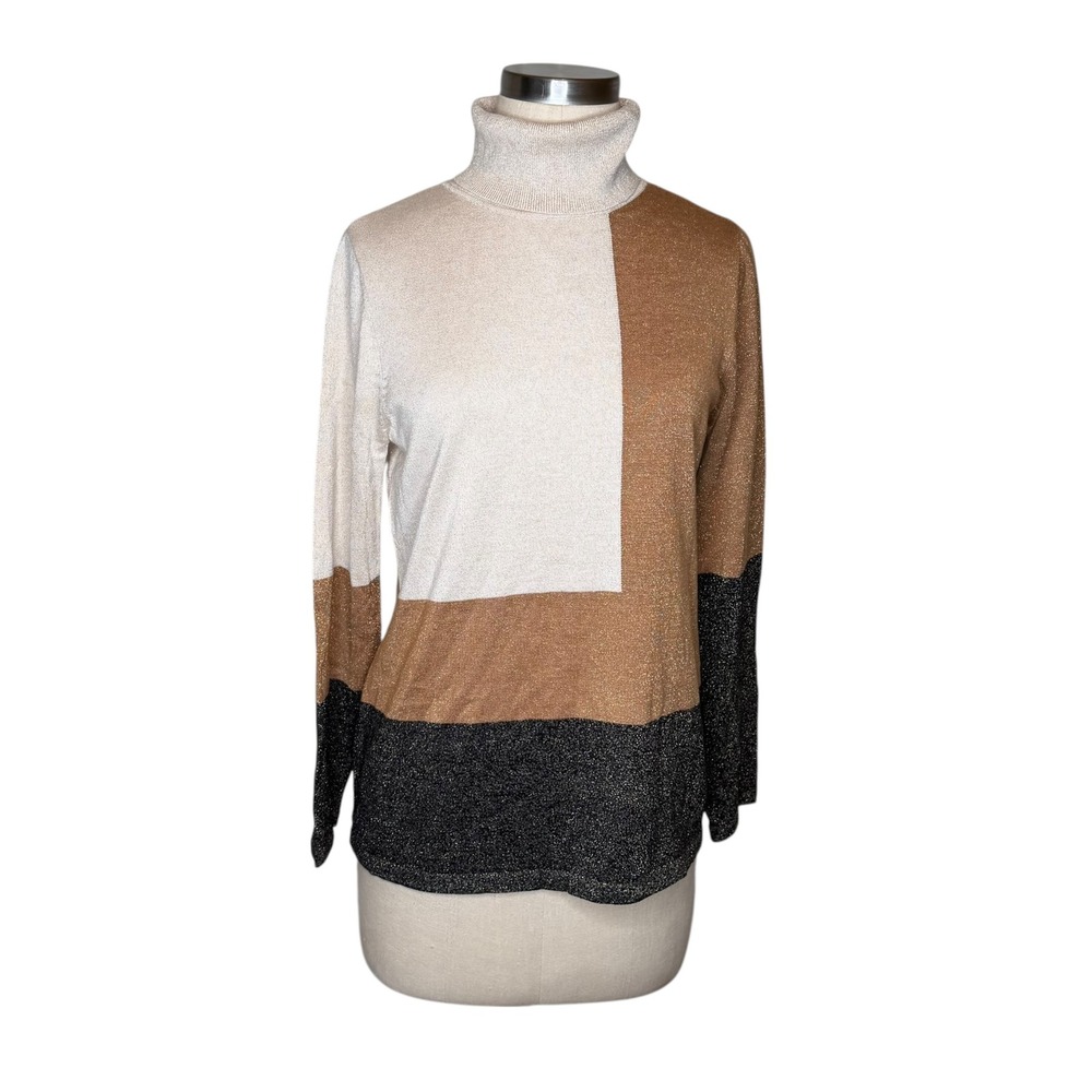 CHICOS Turtleneck Sweater Neutral Colorblock Metallic Gold Glitter Women's M NWT